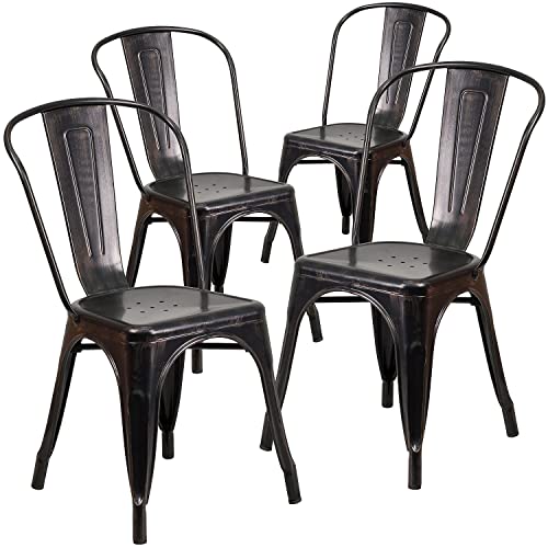 Flash Furniture Commercial Grade 4 Pack Black-Antique Gold Metal Indoor-Outdoor Stackable Chair