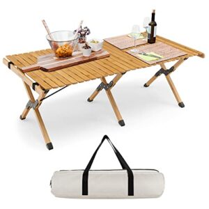 costway folding picnic table, portable 4ft roll up camping table with storage bag, for 4-6 people, low height foldable bamboo bench table, for indoor & outdoor party, bbq and hiking(natural)