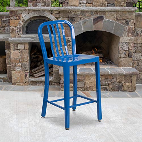 EMMA + OLIVER Commercial Grade 24" H Blue Metal Indoor-Outdoor Counter Stool w/ Slat Back