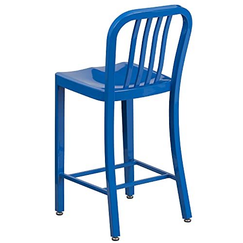 EMMA + OLIVER Commercial Grade 24" H Blue Metal Indoor-Outdoor Counter Stool w/ Slat Back