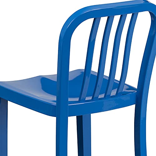 EMMA + OLIVER Commercial Grade 24" H Blue Metal Indoor-Outdoor Counter Stool w/ Slat Back