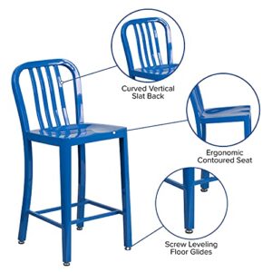 EMMA + OLIVER Commercial Grade 24" H Blue Metal Indoor-Outdoor Counter Stool w/ Slat Back