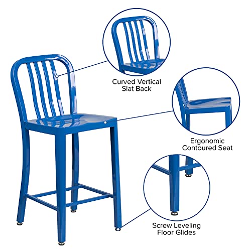 EMMA + OLIVER Commercial Grade 24" H Blue Metal Indoor-Outdoor Counter Stool w/ Slat Back