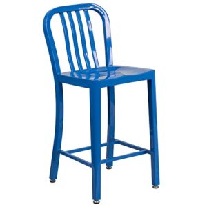 EMMA + OLIVER Commercial Grade 24" H Blue Metal Indoor-Outdoor Counter Stool w/ Slat Back