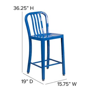 EMMA + OLIVER Commercial Grade 24" H Blue Metal Indoor-Outdoor Counter Stool w/ Slat Back