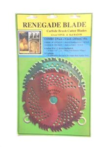 2pk–8″–44t/56t combo pack — (1) 44t green viper (1) 56t red razor — “hybrid” pack — renegade blade® – gs1 barcoded shelf hanging blister pack– carbide brush cutter blades, 203mm dia.