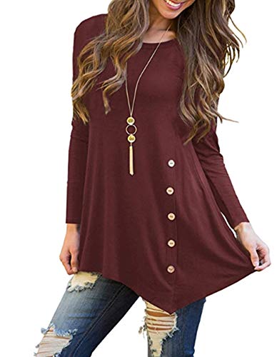 Miskely Women's Long Sleeve Casual Scoop Neck Tees Button Side Shirt Blouse Tunic Top (XL,Wine)