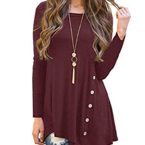 Miskely Women's Long Sleeve Casual Scoop Neck Tees Button Side Shirt Blouse Tunic Top (XL,Wine)