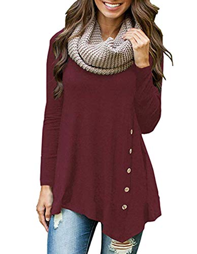 Miskely Women's Long Sleeve Casual Scoop Neck Tees Button Side Shirt Blouse Tunic Top (XL,Wine)