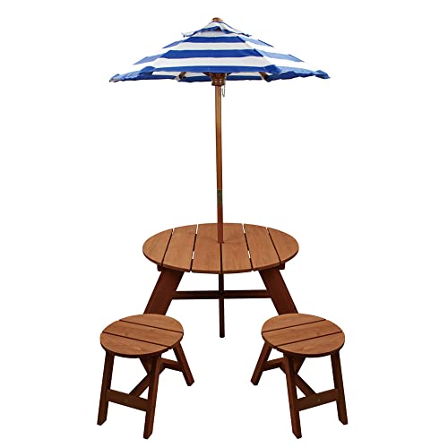 Home Wear Wood Round Table with Umbrella and 2 Chairs Patio Table, Red Wood