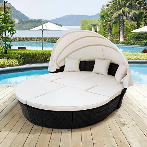 Outdoor Rattan Lounge Chair with Retractable Rattan Furniture, Round Outdoor Sectional Sofa Set, Black Rattan Furniture Flip Seat with Washable Cushions, Backyard, Porch