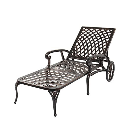 Outvita Lounge Chairs for Outside, Patio Cast Aluminum Recliner with Adjustable Back and Rolling Wheels for Backyard Porch Pool Balcony Deck (Bronze)