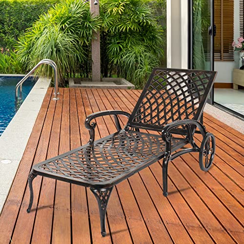 Outvita Lounge Chairs for Outside, Patio Cast Aluminum Recliner with Adjustable Back and Rolling Wheels for Backyard Porch Pool Balcony Deck (Bronze)