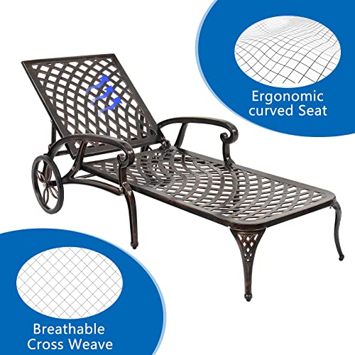 Outvita Lounge Chairs for Outside, Patio Cast Aluminum Recliner with Adjustable Back and Rolling Wheels for Backyard Porch Pool Balcony Deck (Bronze)