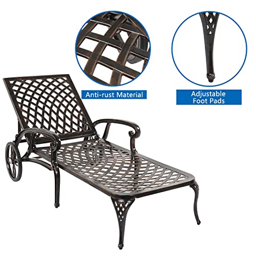 Outvita Lounge Chairs for Outside, Patio Cast Aluminum Recliner with Adjustable Back and Rolling Wheels for Backyard Porch Pool Balcony Deck (Bronze)