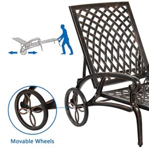 Outvita Lounge Chairs for Outside, Patio Cast Aluminum Recliner with Adjustable Back and Rolling Wheels for Backyard Porch Pool Balcony Deck (Bronze)