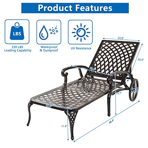 Outvita Lounge Chairs for Outside, Patio Cast Aluminum Recliner with Adjustable Back and Rolling Wheels for Backyard Porch Pool Balcony Deck (Bronze)