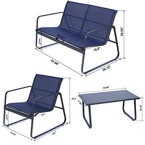 Kozyard Sofia 4 Pieces Patio/Outdoor Conversation Set with Strong Powder Coated Metal Frame, Breathable Textilence, Includes One Love Seat, Two Chairs and One Table (Navy Blue)