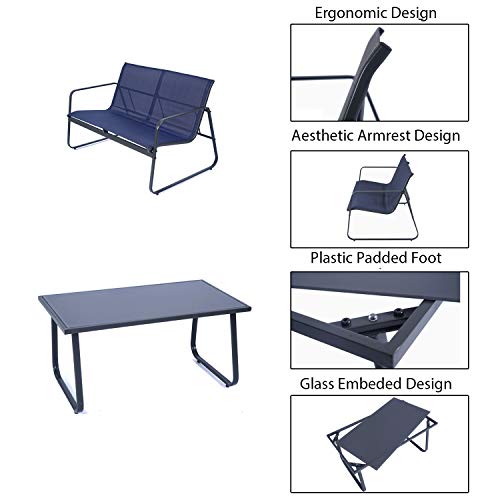 Kozyard Sofia 4 Pieces Patio/Outdoor Conversation Set with Strong Powder Coated Metal Frame, Breathable Textilence, Includes One Love Seat, Two Chairs and One Table (Navy Blue)