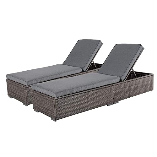 JOIVI Outdoor Chaise Lounge Chair, Patio Pool Lounge Chairs for Outside, Rattan Reclining Chaise Lounger with Adjustable Backrest and Removable Cushion, Gray PE Wicker (Set of 2)