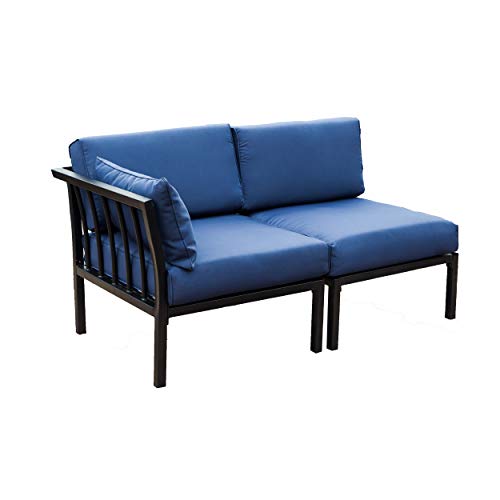 LOKATSE HOME 2 Piece Corner & Armless Sofa Outdoor Furniture Sectional Couch Set Patio Loveseat, 2Pcs, Blue Cushions