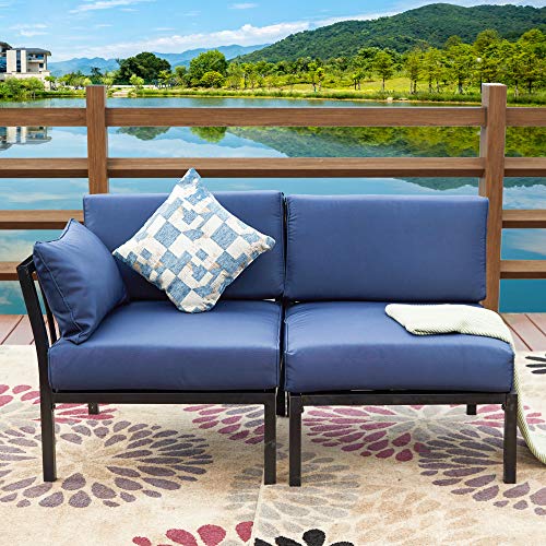 LOKATSE HOME 2 Piece Corner & Armless Sofa Outdoor Furniture Sectional Couch Set Patio Loveseat, 2Pcs, Blue Cushions