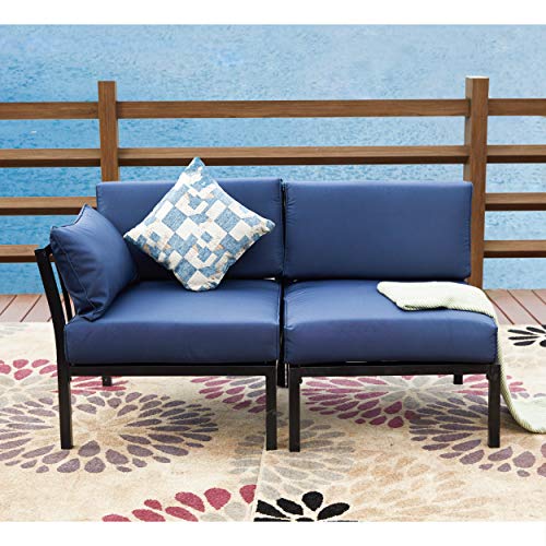 LOKATSE HOME 2 Piece Corner & Armless Sofa Outdoor Furniture Sectional Couch Set Patio Loveseat, 2Pcs, Blue Cushions