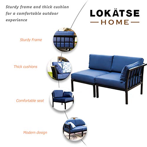 LOKATSE HOME 2 Piece Corner & Armless Sofa Outdoor Furniture Sectional Couch Set Patio Loveseat, 2Pcs, Blue Cushions