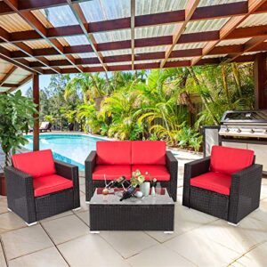 peach tree 4 pc patio furniture sets pe rattan wicker sofa sectional conversation set with washable cushion and coffee table deck couch set for garden outdoor(red)