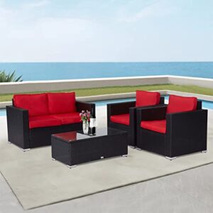 Peach Tree 4 PC Patio Furniture Sets PE Rattan Wicker Sofa Sectional Conversation Set with Washable Cushion and Coffee Table Deck Couch Set for Garden Outdoor(Red)