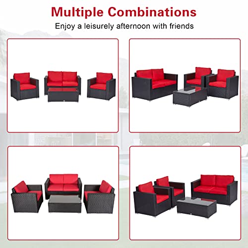 Peach Tree 4 PC Patio Furniture Sets PE Rattan Wicker Sofa Sectional Conversation Set with Washable Cushion and Coffee Table Deck Couch Set for Garden Outdoor(Red)