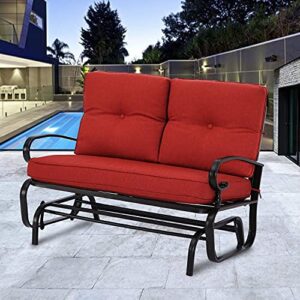 SUNCROWN Outdoor Swing Glider Chair, Patio 2 Seats Loveseat Rocking Chair with Cushions, Steel Frame Furniture - Red