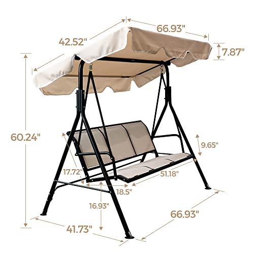 3-Seat Outdoor Porch Swing Loveseat with Adjustable Canopy and Steel Frame, Cushions and Pillow Included, Patio Seater