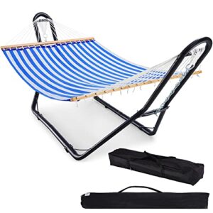 poolside hammock with stand, 2 person indoor outdoor backyard beach patio hammock, waterproof uv resistance, 2 bags included. (blue & white)