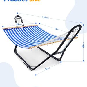 Poolside Hammock with Stand, 2 Person Indoor Outdoor Backyard Beach Patio Hammock, Waterproof UV Resistance, 2 Bags Included. (Blue & White)