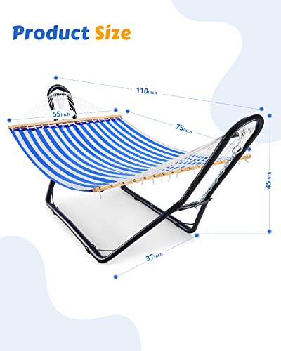 Poolside Hammock with Stand, 2 Person Indoor Outdoor Backyard Beach Patio Hammock, Waterproof UV Resistance, 2 Bags Included. (Blue & White)