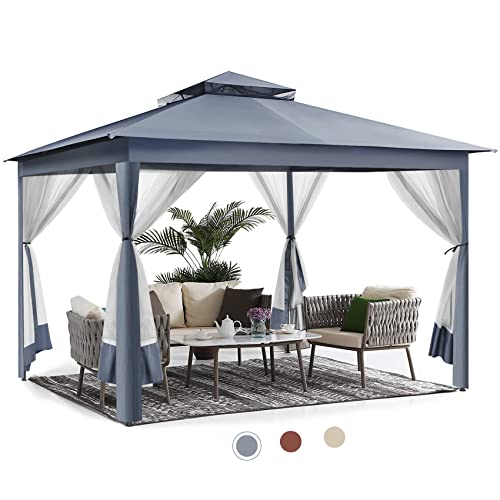 Gazebo, CBBPET 11'x 11' Pop Up Gazebo with Mosquito Netting, Outdoor Canopy with Double Roof Tops and 121 Square Feet of Shade for Patio, Group Gatherings, Camping Shelter (Gray)