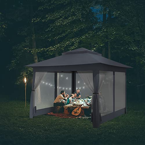 Gazebo, CBBPET 11'x 11' Pop Up Gazebo with Mosquito Netting, Outdoor Canopy with Double Roof Tops and 121 Square Feet of Shade for Patio, Group Gatherings, Camping Shelter (Gray)