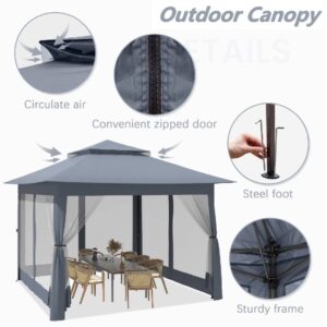 Gazebo, CBBPET 11'x 11' Pop Up Gazebo with Mosquito Netting, Outdoor Canopy with Double Roof Tops and 121 Square Feet of Shade for Patio, Group Gatherings, Camping Shelter (Gray)