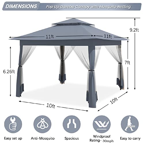 Gazebo, CBBPET 11'x 11' Pop Up Gazebo with Mosquito Netting, Outdoor Canopy with Double Roof Tops and 121 Square Feet of Shade for Patio, Group Gatherings, Camping Shelter (Gray)