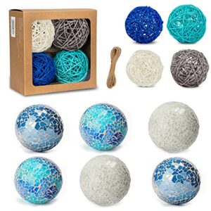 domestar 4 inches blue cerulean white and grey wicker rattan balls orbs and 6pcs 2.4 inches mosaic glass orbs