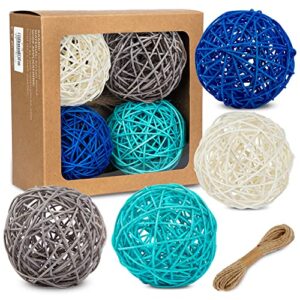 DomeStar 4 Inches Blue Cerulean White and Grey Wicker Rattan Balls Orbs and 6PCS 2.4 Inches Mosaic Glass Orbs