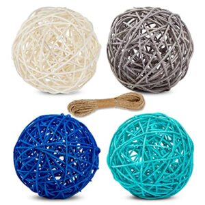 DomeStar 4 Inches Blue Cerulean White and Grey Wicker Rattan Balls Orbs and 6PCS 2.4 Inches Mosaic Glass Orbs