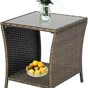 KINTNESS Wicker Rattan Side Table Outdoor End Table Patio Courtyard Coffee Bistro Glass Table with Storage