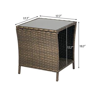 KINTNESS Wicker Rattan Side Table Outdoor End Table Patio Courtyard Coffee Bistro Glass Table with Storage