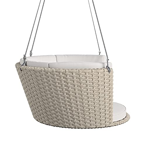 Novogratz Poolside Gossip Collection, Sally Patio Swing, Harbor Grey Cushions, Light Taupe Wicker