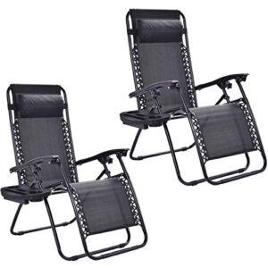casart set of 2 pc folding lounge chair, outdoor zero gravity recliner chairs with cup holder, perfect for yard, beach and patio