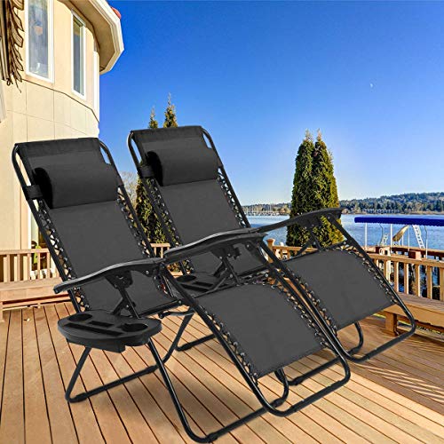 Casart Set of 2 PC Folding Lounge Chair, Outdoor Zero Gravity Recliner Chairs with Cup Holder, Perfect for Yard, Beach and Patio