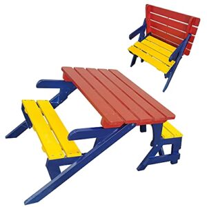 Antoy 2-in-1 Kid's Wooden Picnic TableBench Transforming Interchangeable for Outdoor,Garden, Backyard, Porch, Patio Bedroom, Living-Room, Game Room,Outdoor (Blue+Yellow+Red)