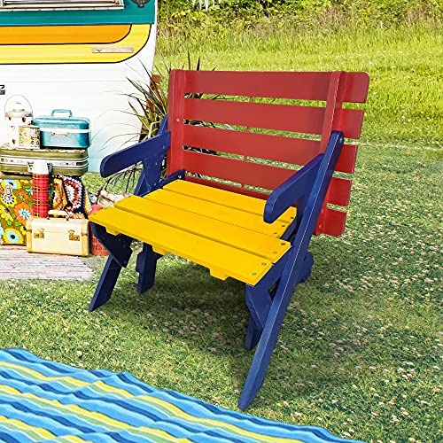 Antoy 2-in-1 Kid's Wooden Picnic TableBench Transforming Interchangeable for Outdoor,Garden, Backyard, Porch, Patio Bedroom, Living-Room, Game Room,Outdoor (Blue+Yellow+Red)